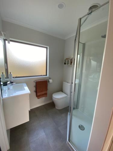 a bathroom with a toilet and a sink and a shower at Beautiful Bream Bay Studio - Ruakaka in Ruakaka