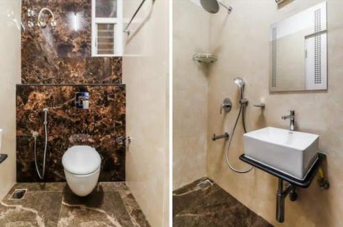 two pictures of a bathroom with a toilet and a sink at SLN Suites, Near Baptist Hospital, Hebbala in Bengaluru