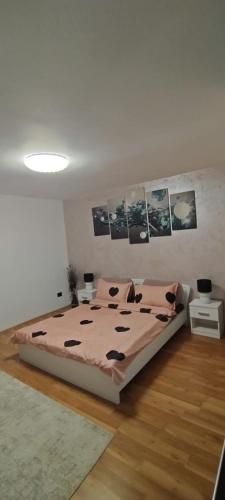 a bedroom with a bed with pictures on the wall at SOPHIA Central Studio in Hunedoara