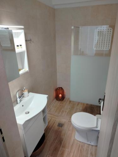 a bathroom with a white sink and a toilet at Georgia's garden 2 in Sitia