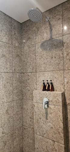 a bathroom with a shower with three pitchers on the wall at Dhanyasari House in Ubud