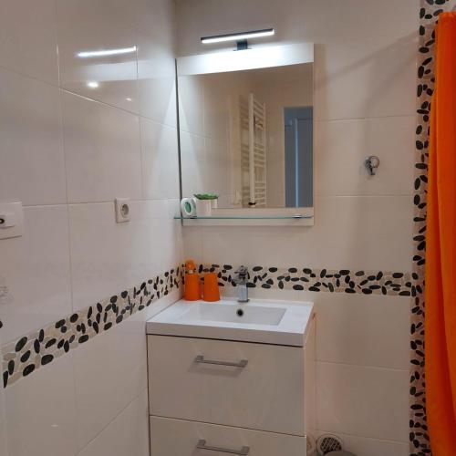 une salle de bain avec un lavabo et un miroir dans l'établissement CAP D'AGDE Naturiste Port Ambonne - POPCORN, au Cap d'Agde