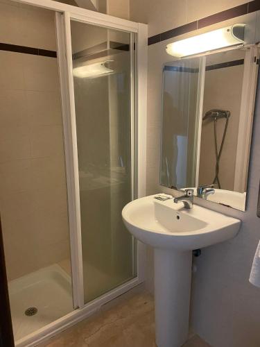 a bathroom with a sink and a shower at Pensión Veracruz 2 in Granada