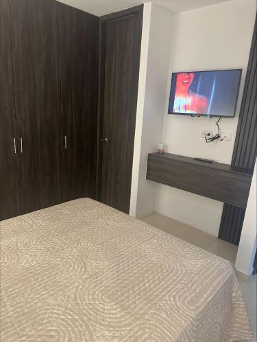 a bedroom with a bed and a flat screen tv at Apartamento Frente a la Clinica Valle del Lili in Cali