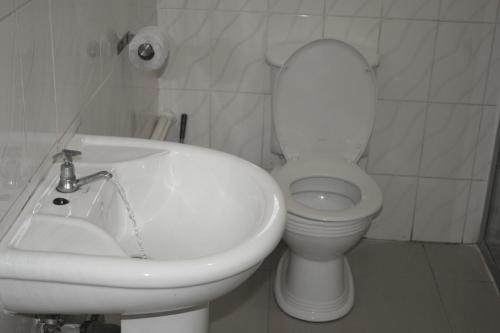 a white bathroom with a toilet and a sink at Honeybed Lodge in Lusaka