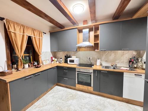 a kitchen with gray cabinets and a sink at Etno selo Katunija in Katun