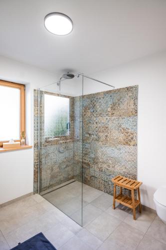 a bathroom with a glass shower and a toilet at Ferienhäuser Koralpe unicorn village in Wolfsberg