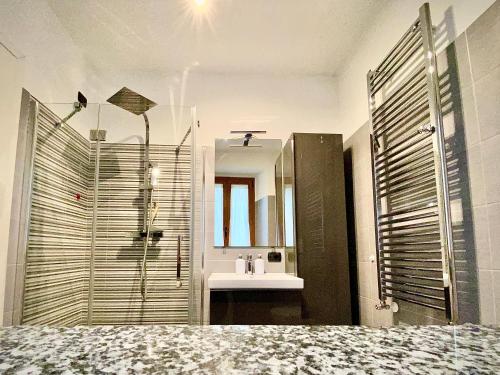 une salle de bain avec un lavabo, une douche et un miroir dans l'établissement Corte Macchi Milano Malpensa Express, à Busto Arsizio