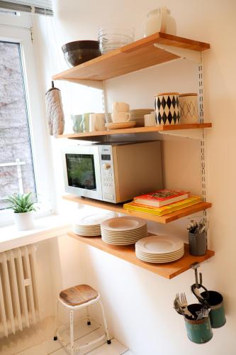 a kitchen with a microwave and plates on shelves at Apartments "Am Rheinorange", Netflix & Prime in Duisburg