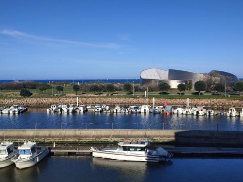 a group of boats are docked in a marina at Appartement vue sur mer & le port de Courseulles-sur-Mer in Courseulles-sur-Mer
