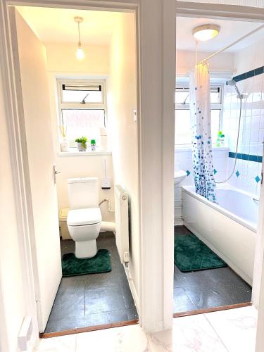 a bathroom with a toilet and a tub and a sink at Colchester City Luxury With Free Parking and 5 G WIFI in Colchester