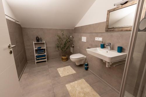 a bathroom with a sink and a toilet at Gaul Lodge - für bis zu 8 Gäste, inkl Königscard, 4 Schlafzimmer, 2 Bäder, große Küche, gratis Parken & WLAN, Self Check-in in Nesselwang