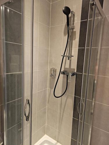 a bathroom with a shower with a glass door at Appart avec terrasse et parking in Audincourt