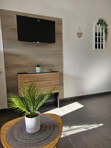 a living room with a table and a tv on a wall at Appart avec terrasse et parking in Audincourt