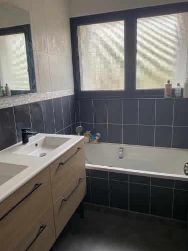 une salle de bain avec un lavabo et une baignoire dans l'établissement Belle propriété très bon emplacement, à Le Touquet-Paris-Plage