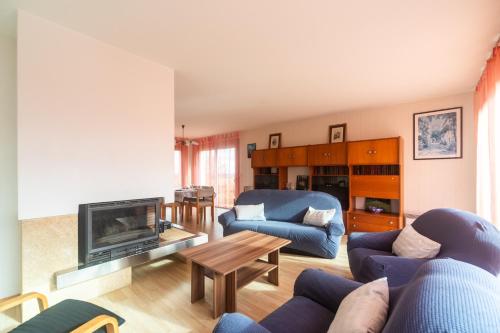 a living room with blue furniture and a fireplace at La Belle Absienne - à 45min du Puy du Fou in La Chapelle-Saint-Étienne