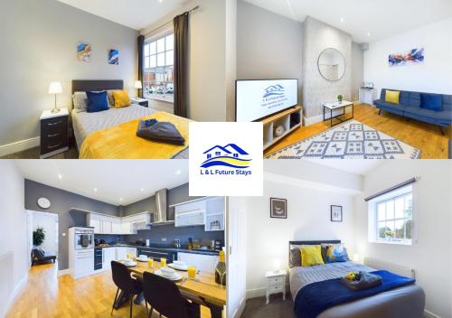 two pictures of a bedroom and a living room at 2 Bed Ensuite, Secure Parking, Fast WiFi & SmartTV in Derby