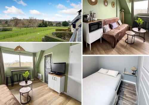 un collage de photos d'une chambre et d'un salon dans l'établissement Séjour paisible avec vue imprenable sur le Golf-self check-in, à Houlgate