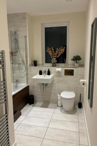 a bathroom with a toilet and a sink and a shower at Modern spacious apartment in Addlestone in Addlestone