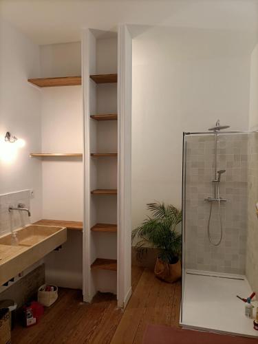 La salle de bains est pourvue d'une cabine de douche et d'un lavabo. dans l'établissement Eine Magnanerie in der Provence, à Bouchet