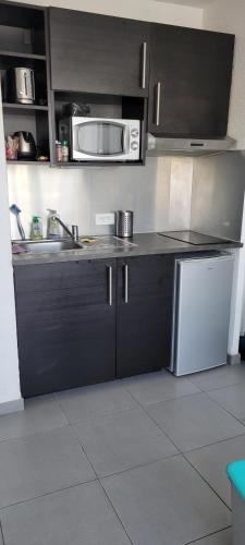 une cuisine avec un évier et un micro-ondes dans l'établissement Studio cabine parking et clim 100 m de la plage, à La Grande Motte