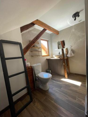 une salle de bain avec toilettes et lavabo dans l'établissement Grange rénovée où l’on s’y sent bien !, à Chorges