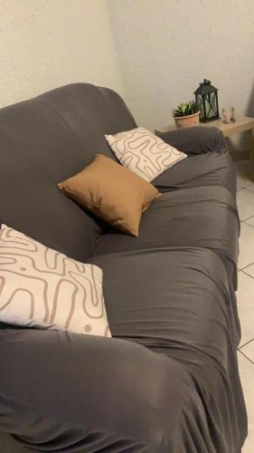 un canapé avec des coussins dessus dans un salon dans l'établissement Maison, à Néris-les-Bains