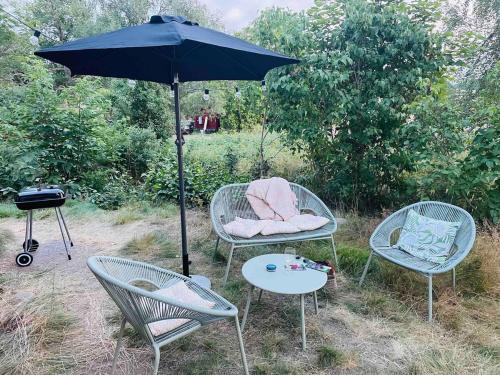 three chairs and a table with an umbrella and a grill at Torpet Hagalund, Mariefred in Mariefred