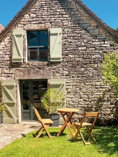 two picnic tables in front of a stone building at Mas Parenthese - Chambres et Table d'Hôtes in Loze