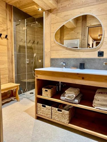 une salle de bain avec un lavabo et une douche avec un miroir dans l'établissement Chalet la Lauzette, à Bessans