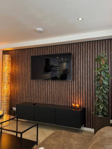 a living room with a television on a wooden wall at Studioverhuur De Nieuwe Doelen in Zevenaar