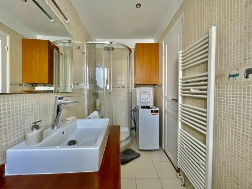 une salle de bain avec un lavabo et un réfrigérateur dans l'établissement Charmant Appartement 16eme, à Paris