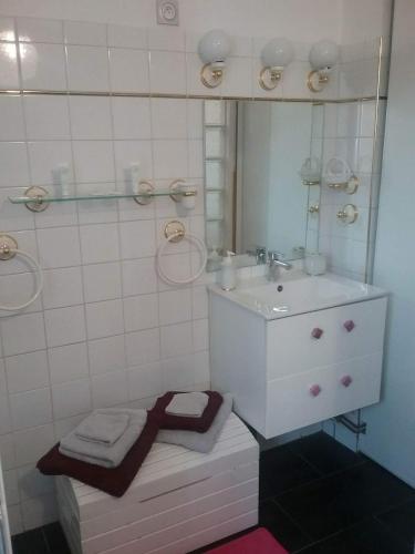 une salle de bain avec un lavabo et un miroir dans l'établissement La roseraie, à Aytré