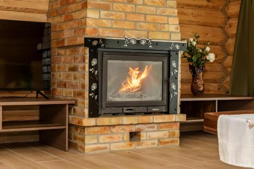a fireplace in a room with a brick wall at Villa Rose & SPA in Mežciems