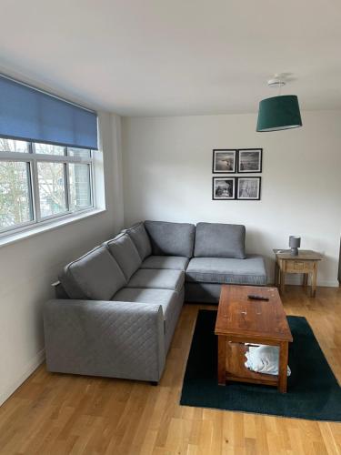 a living room with a gray couch and a table at 2 Bed city centre flat in Bath