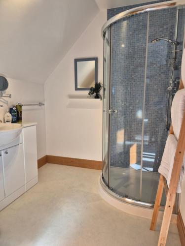a bathroom with a shower with a glass door at Twin Pines in Mulben