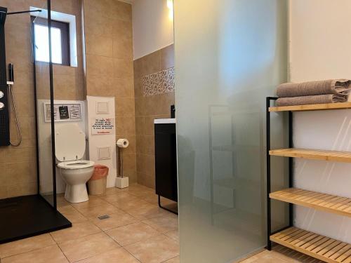a bathroom with a toilet and a glass door at MIK Chalet in Săcele