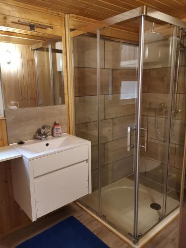a bathroom with a shower and a sink at Bungalowdorf Briesensee in Neu Zauche