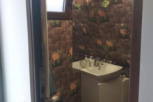 a bathroom with a toilet and a sink and a brick wall at 2brCabin-Fireplace-HotTub-Sauna-SkiResort in Bran