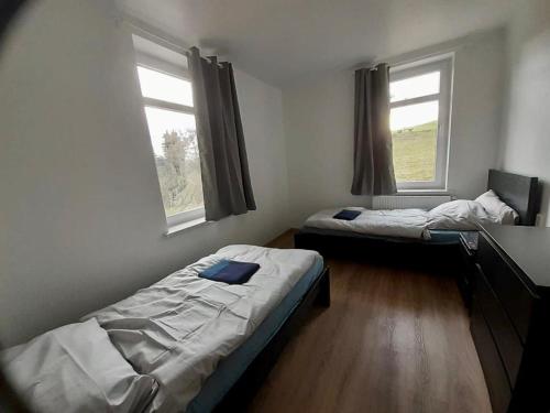 two beds in a room with two windows at Monteurwohnungen in Gera in Gera