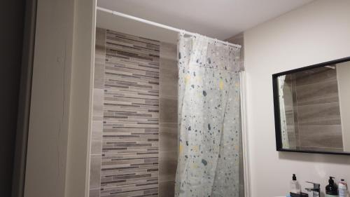 a bathroom with a shower with a shower curtain at UNESCO Drogheda 3 Bed in Drogheda
