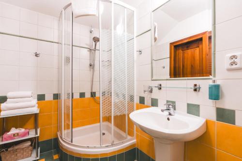 a bathroom with a sink and a shower at Penzion Maštal in Český Krumlov