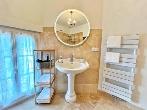 une salle de bain avec un lavabo et un miroir dans l'établissement La Maison Voyage Bed and Breakfast, à Onzain