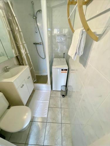 une salle de bain avec toilettes, douche et lavabo dans l'établissement Appartement Le Belvédère Bleu, au Barcarès