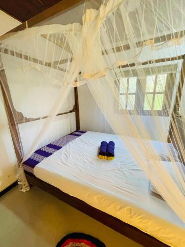 a bunk bed with two blue slippers on top of it at Oasis Lagoon Garden in Tangalle
