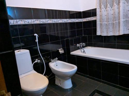un baño con inodoro y bañera en Tranquil Apt with Scenic Balcony, en Bopitiya