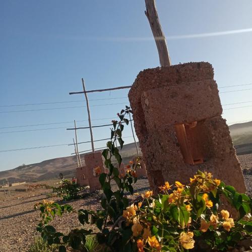 a plant in front of a stone building with flowers at Ngayan Camp in Marrakech