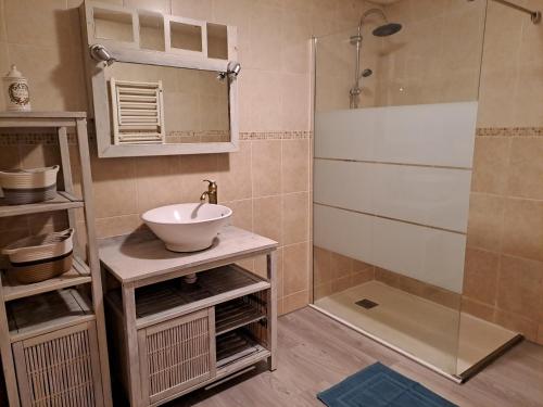 a bathroom with a sink and a shower at La Louvière plein cœur Villié-Morgon Beaujolais dégustation possible in Villié-Morgon
