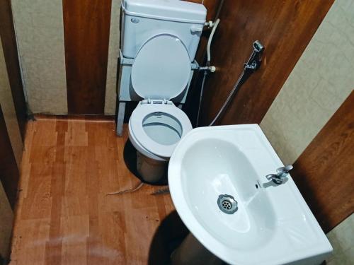a bathroom with a white toilet and a sink at TTN - The Trekker's Nest in Joshīmath