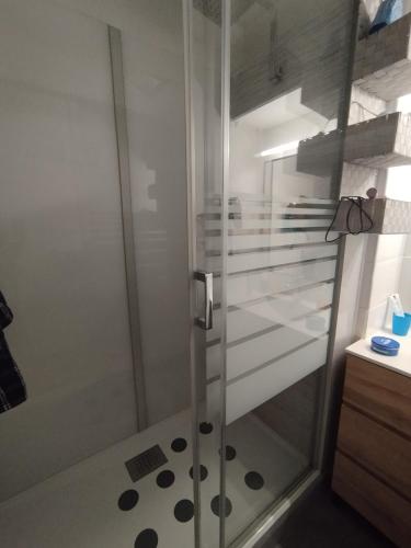 une douche avec une porte vitrée dans une salle de bain dans l'établissement PEYRAGUDES BALESTAS T3 - 4-6pers - 2chambres, à Germ